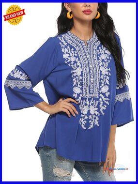 Plus Size Embroidered Boho Tunic Peasant Blouse Loose Fit Soft Rayon